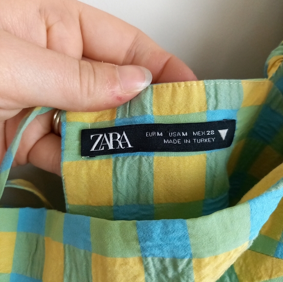 Zara Long Check Print Dress Panelled Puff Sleeve Green Yellow Blue - Medium - Picture 7 of 11